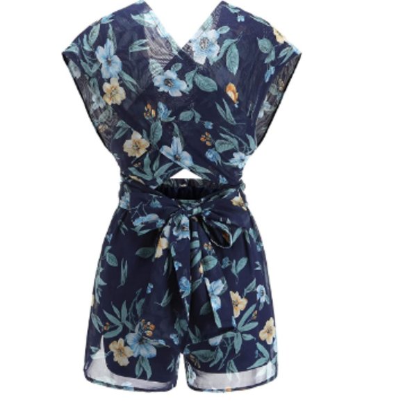 Women Chiffon Deep VNeck Floral BackCross Playsuit - Picture 2 of 5